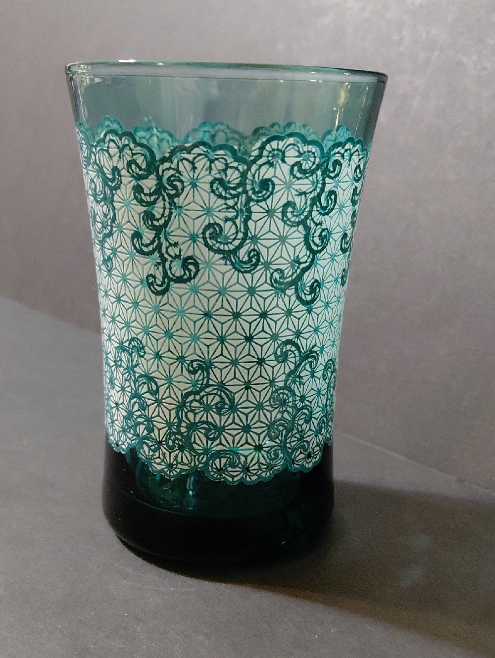 Vintage MCM Teal Blue Drinking Glass with a Frilly White Design